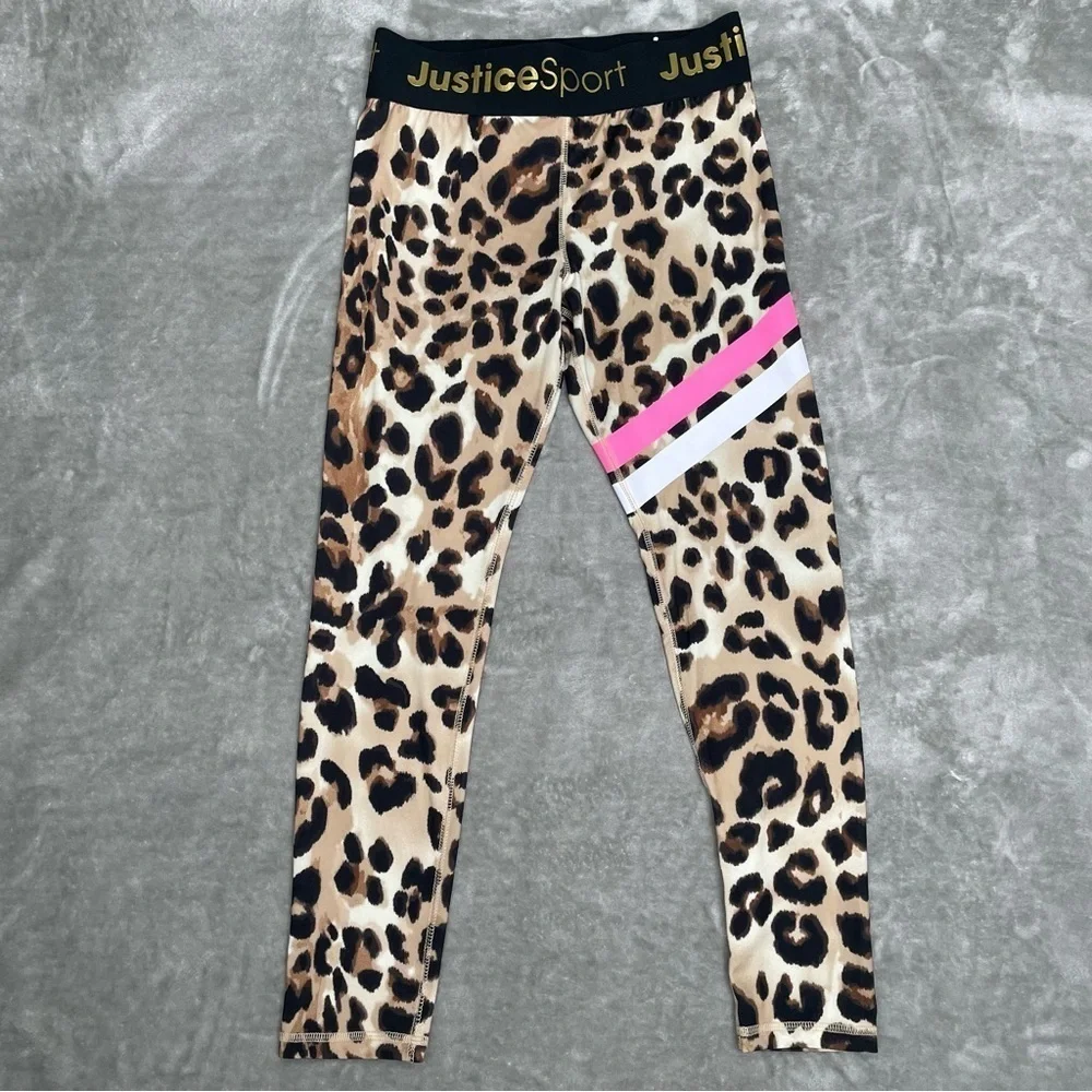 Justice Sport Cheetah Print Leggings Girls XL Plus 16P-18P Black & Pink Logo